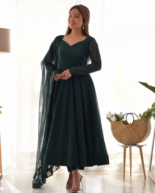 Effortless Soft Fox Georgette Dark Green Lukhnowi Anarkali Maxi Suit