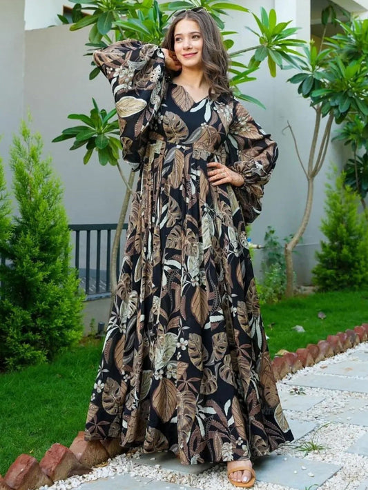 Elegant Black Designer Gown in Heavy Rayon with Digital Print and Cotton Inner